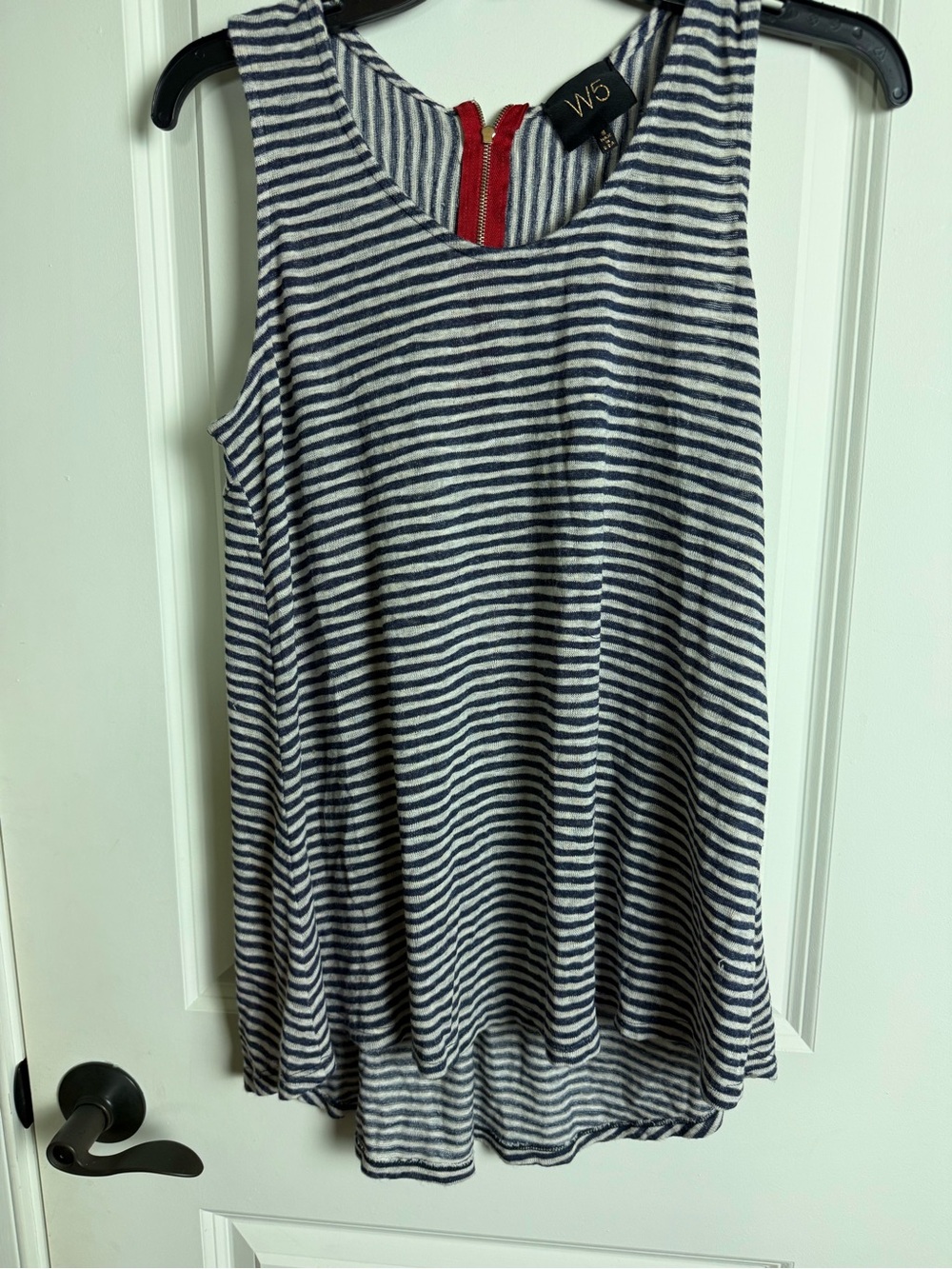 W5 Navy and White Striped Scoop Neck Tank with Red Back Zip Accents